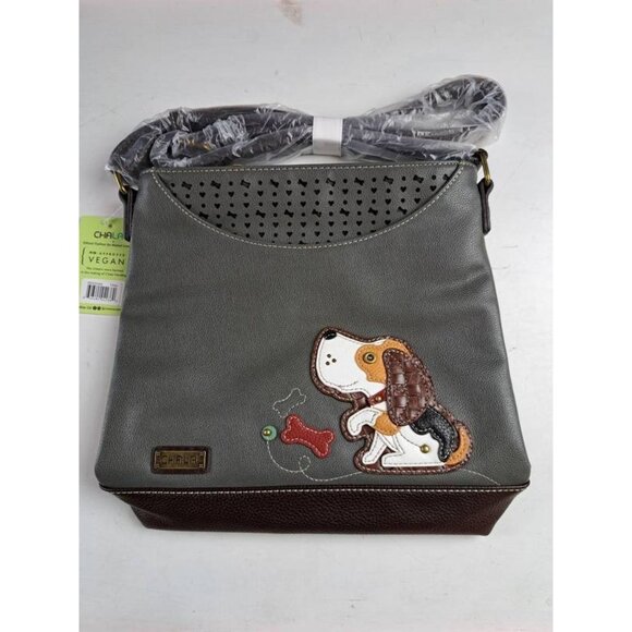 Chala Vegan Crossbody Bag Beagle Dog Applique Gray/Brown Adjustable Straps Zip - Picture 3 of 9